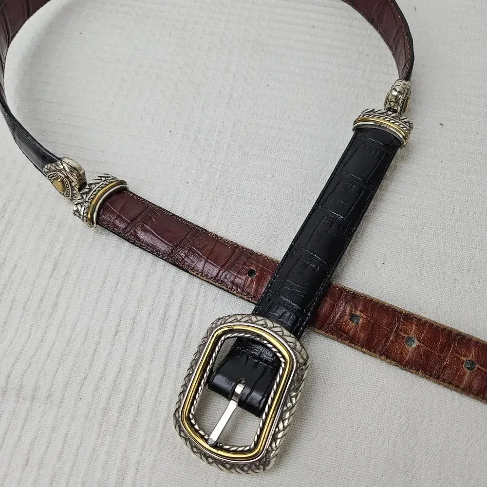 Western Flip Reversible Belt Sz 32 Black Brown Croc Embossed Leather Silver Gold